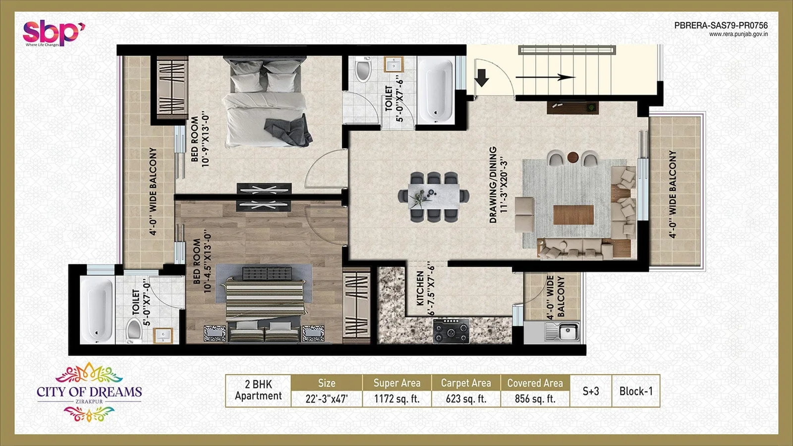 2 BHK Floor Plan in Zirakpur